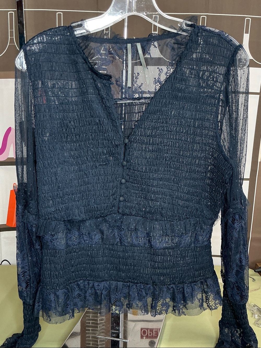Anthropologie sz Medium Women's Navy Lace Peplum Blouse - Elegant V-Neck Top #34